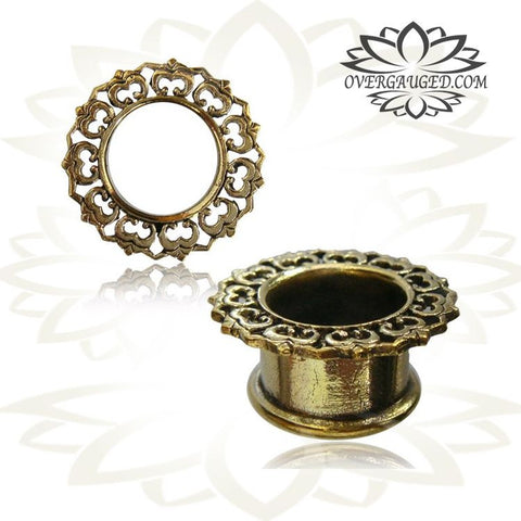 Pair Ornate Tribal Brass Tunnels, Flower Of Life Antiqued Brass Plugs, White Brass Tunnels, Brass Body Jewelry.