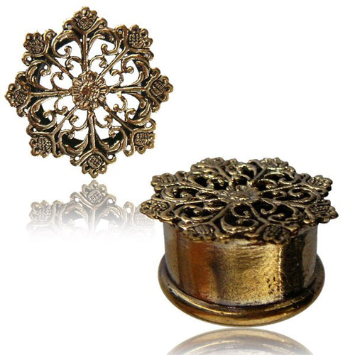 Pair of Antiqued Brass Tunnels, Tribal Flower Design, Double Flared Brass Plugs, Brass Body Jewelry.