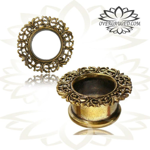 Pair Tribal Brass Tunnels, Ornate Brass Plugs, Brass Ear Gauges, Double Flared Brass Gauges, Brass Body Jewelry.