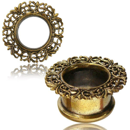 Pair Tribal Brass Tunnels, Ornate Brass Plugs, Brass Ear Gauges, Double Flared Brass Gauges, Brass Body Jewelry.