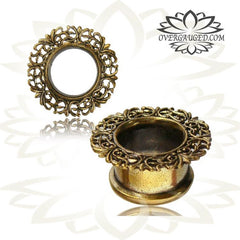 Pair Tribal Brass Tunnels, Ornate Brass Plugs, Brass Ear Gauges, Double Flared Brass Gauges, Brass Body Jewelry.