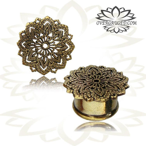 Pair Ornate Tribal Brass Tunnels, Flower Of Life Antiqued Brass Plugs, White Brass Tunnels, Brass Body Jewelry.