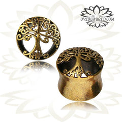 Pair Ornate Brass Plugs, Tree Of Life Antiqued Brass Tunnels, Tribal Brass Ear Plugs, Double Flared Gauges, Brass Body Jewelry.