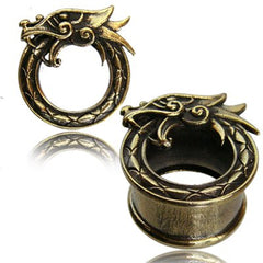 Pair of Antiqued Brass Plugs, Dragon Brass Tunnels, Double Flared Brass Plugs, Tribal Brass Earrings, Tribal Body Jewelry.