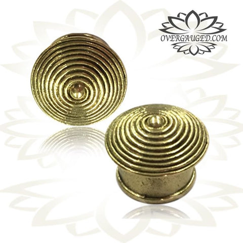 Pair Antiqued Tribal White Brass Plugs with Om Symbol, Lotus Flower Tunnels, Tribal Brass Body Jewelry,  Plugs Double Flared Gauges.