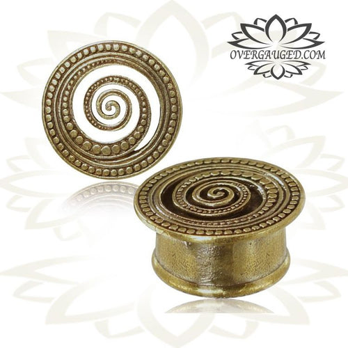 Pair of Afghan Brass Tunnels, Tribal Spiral Dots Ear Gauges, Double Flared Brass Plugs, Brass Body Jewelry.