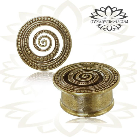 Pair Flower Of Life Brass Plugs, Tribal Brass Tunnels, Double Flared Ear Gauges, Tribal Body Jewelry.