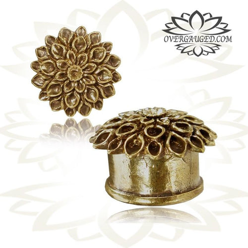 Pair Flower Brass Plugs, Tribal Brass Tunnels, Brass Ear Gauges, Double Flared Plugs, Brass Body Jewelry.