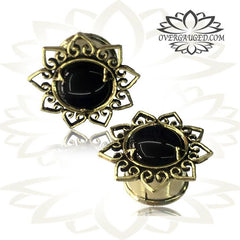 Pair Ornate Brass Plugs, Lotus Bloom Brass Tunnels with Onyx Stone, Double Flared Brass Tunnels, Tribal Brass Plugs, Brass Body Jewelry.