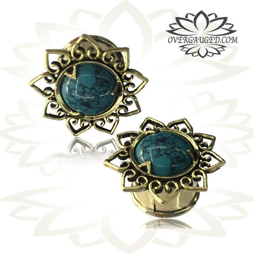 Pair Tribal Brass Plugs Lotus Bloom with Turquoise Stone, Ear Gauges, Double Flared Tribal Tunnels, Brass Body Jewelry.