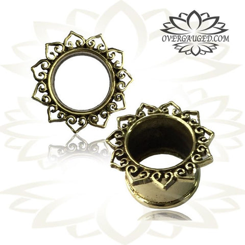 Pair of Antiqued Brass Plugs, Tribal Brass Tunnels, Double Flared Brass Plugs, Tribal Body Jewelry.