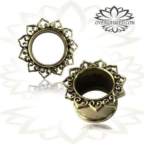 Pair Antiqued Tribal White Brass Plugs with Om Symbol, Lotus Flower Tunnels, Tribal Brass Body Jewelry,  Plugs Double Flared Gauges.