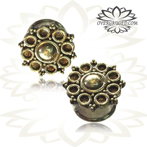 Pair Ornate Brass Plugs, Tribal Flower Brass Gauges, Antiqued Brass Tunnels, Tribal Plugs,  Double Flared Brass Plugs.