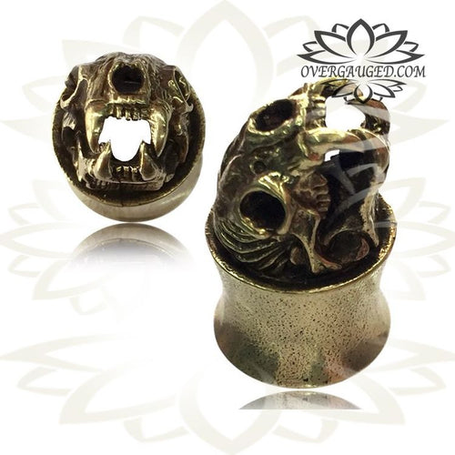 Pair Ornate Brass Plugs, Bear Skull Brass Tunnels, Tribal Brass Plugs, Ear Gauges, Double Flared Brass Plugs.