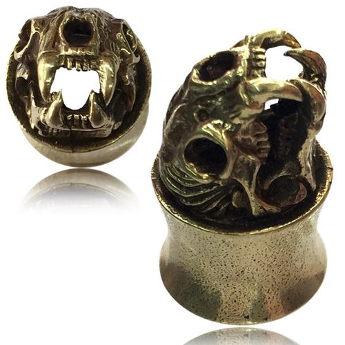 Pair Ornate Brass Plugs, Bear Skull Brass Tunnels, Tribal Brass Plugs, Ear Gauges, Double Flared Brass Plugs.