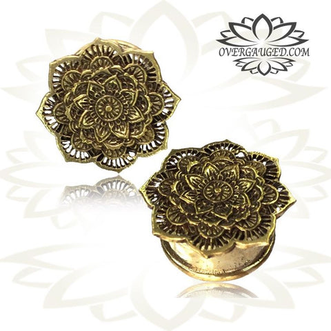 Pair Flower Brass Plugs, Tribal Brass Tunnels, Brass Ear Gauges, Double Flared Plugs, Brass Body Jewelry.