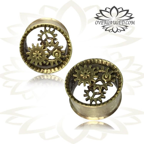 Pair of Antiqued Brass Plugs, Lotus Brass Ear Tunnels, Double Flared Plugs, Tribal Brass Gauges, Brass Body Jewelry.