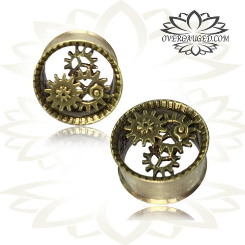 Pair Antiqued White Brass Tunnels with Afghan Dots, Tribal Brass Gauges, Double Flared Plugs, Body Jewelry.