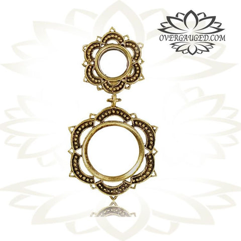 Pair Antiqued Brass Tunnels, Tribal Ornate Ear Gauges, Double Flared Plugs, Brass Body Jewelry.