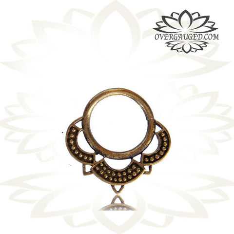 Single Ornate Brass Septum Ring, Lotus Flower inspired Septum Ring, Ring Diameter 9mm.