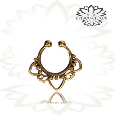 Single Brass Fake Septum Nose Ring, Antiqued Tribal With Pink Agate Stone, Non-Nose Piercing, Ring Diameter 9mm.