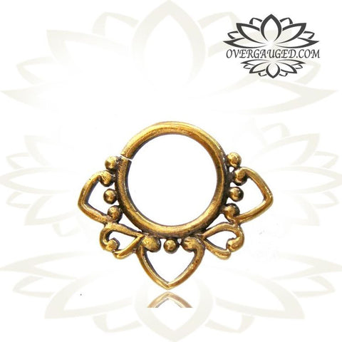 Single Ornate Brass Septum Ring, Lotus Flower inspired Septum Ring, Ring Diameter 9mm.