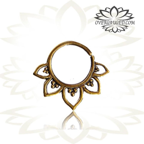 Single Ornate Brass Septum Ring, Lotus Flower inspired Septum Ring, Ring Diameter 9mm.