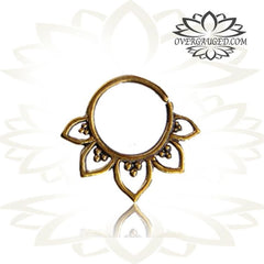 Single Brass Septum Ring Lotus Flower,  Tribal Brass Septum Ring, Tribal Body Jewelry, Ring Diameter 9mm.