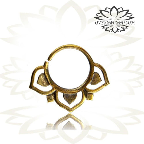 Tribal Brass Septum Ring, Single 16g (1.2mm) Antiqued Lotus Flower Septum Ring, Tribal Brass Septum Nose Piercing, Ring Diameter 9mm.