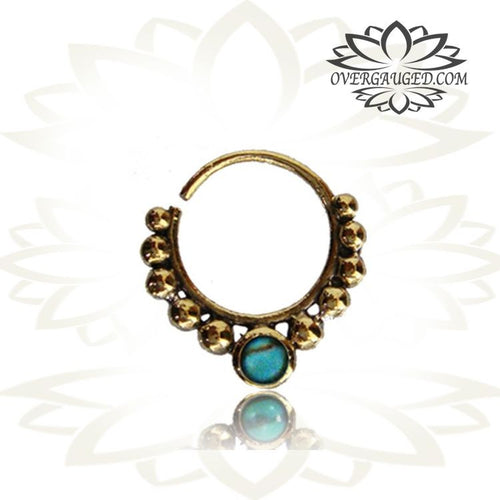 Single Ornate Brass Septum Ring in 16g, Antiqued Tribal Septum Ring with Turquoise Stone, Tribal Nose Piercing, Brass Septum, Ring Diameter 9mm.