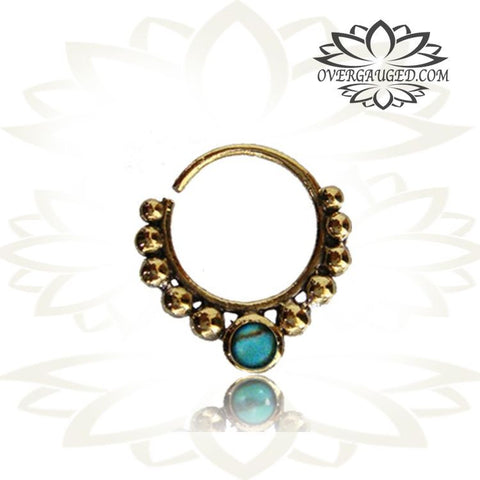 Single Ornate Brass Septum Ring, Lotus Flower inspired Septum Ring, Ring Diameter 9mm.