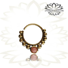 Ornate 16g  Brass Septum Ring, Antiqued Tribal Brass Septum with Pink Agate Stone, Brass Nose Piercing, Tribal Brass Jewelry, Ring 9mm.