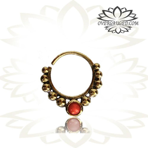 Single Ornate 16g Brass Septum Ring, Tribal Brass Septum with Inlay Red Agate Stone, Septum Nose Piercing, Ring Diameter 9mm.