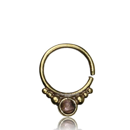 Single Tribal Brass Septum Ring That is 16g,  Antiqued Tribal Brass Septum, Inlay Amethyst Stone Nose Piercing, Ring Diameter 9mm.