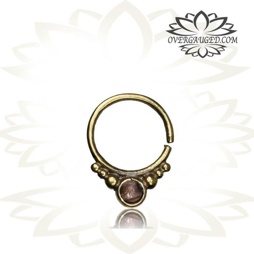 Single Tribal Brass Septum Ring That is 16g,  Antiqued Tribal Brass Septum, Inlay Amethyst Stone Nose Piercing, Ring Diameter 9mm.