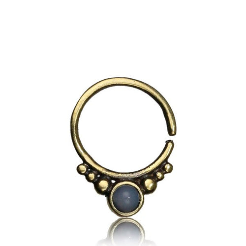 Single Ornate Brass Septum Ring in 16g (1.2mm), Afghan Tribal Brass Septum with Inlayed Moon Stone, Septum Ring, Ring Diameter 9mm.
