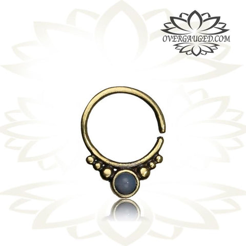 Single 16g Silver Septum Ring, Set White Opal Stone - Antiqued Tribal Silver Septum, Ring 9mm.