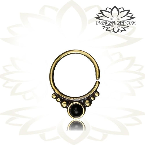 Single Brass Septum Ring in 16g (1.2mm), Afghan Tribal Brass Septum Ring, Inlay Black Onyx Stone, Brass Nose Piercing, 9mm Ring.