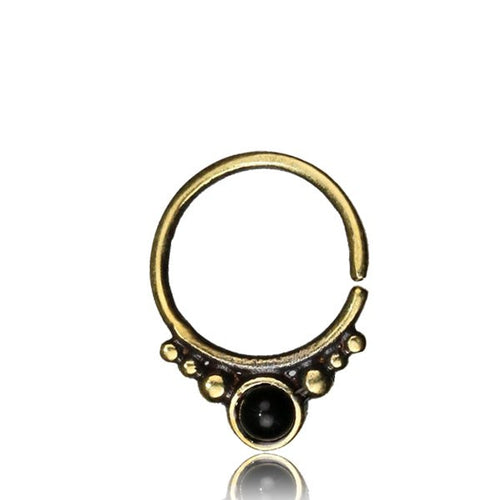 Single Brass Septum Ring in 16g (1.2mm), Afghan Tribal Brass Septum Ring, Inlay Black Onyx Stone, Brass Nose Piercing, 9mm Ring.