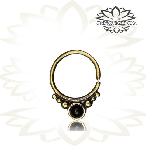 Single Ornate 16g Brass Septum Ring, Tribal Brass Septum with Inlay Red Agate Stone, Septum Nose Piercing, Ring Diameter 9mm.