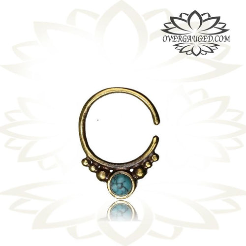 Single Brass Septum Ring in 16g (1.2mm), Antiqued Tribal Brass Septum, Nose Piercing with Turquoise Stone, Brass Septum Ring, Tribal Body Jewelry, Ring 9mm.