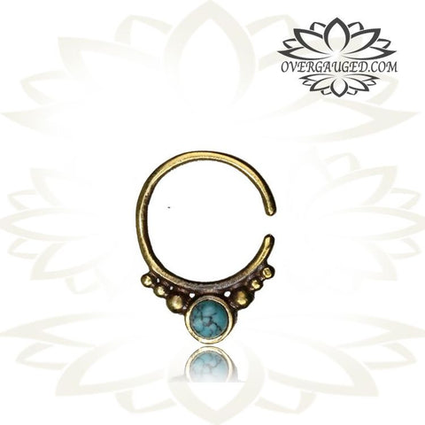 Single 16g Silver Septum Ring, Set White Opal Stone - Antiqued Tribal Silver Septum, Ring 9mm.