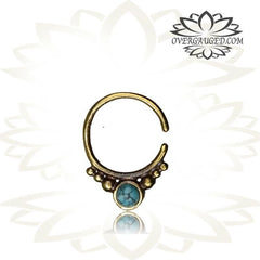Single Brass Septum Ring in 16g (1.2mm), Antiqued Tribal Brass Septum, Nose Piercing with Turquoise Stone, Brass Septum Ring, Tribal Body Jewelry, Ring 9mm.