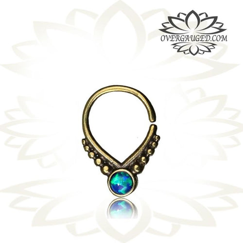 Single Tribal Brass Septum Ring in 16g, Antiqued Afghan Tribal Jewelry, Inlay Blue Opal Stone Nose Piercing, Septum Ring, Ring 9mm.