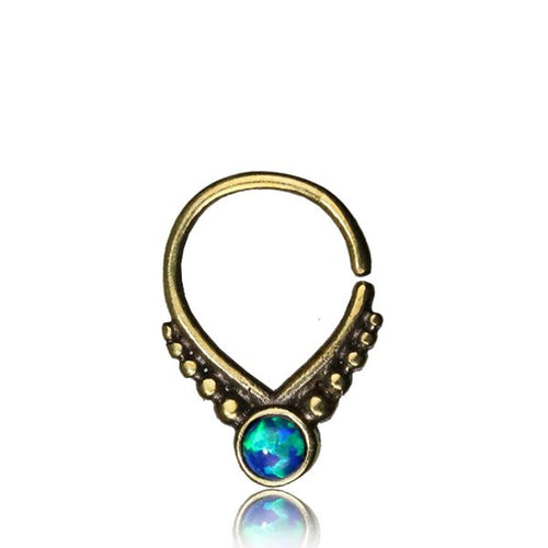 Single Tribal Brass Septum Ring in 16g, Antiqued Afghan Tribal Jewelry, Inlay Blue Opal Stone Nose Piercing, Septum Ring, Ring 9mm.