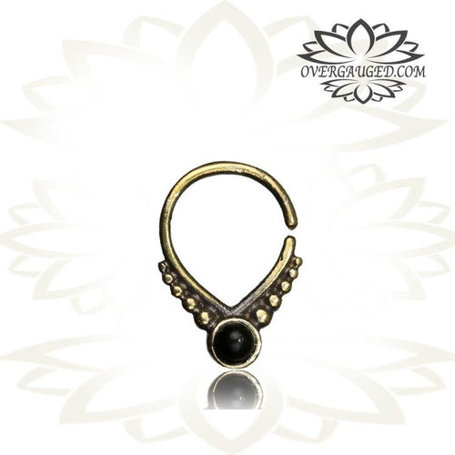 Single Tribal Brass Septum Ring in 16g (1.2mm), Antiqued Tribal Brass Septum with Black Onyx Stone, Brass Septum Ring, Ring Diameter 9mm.