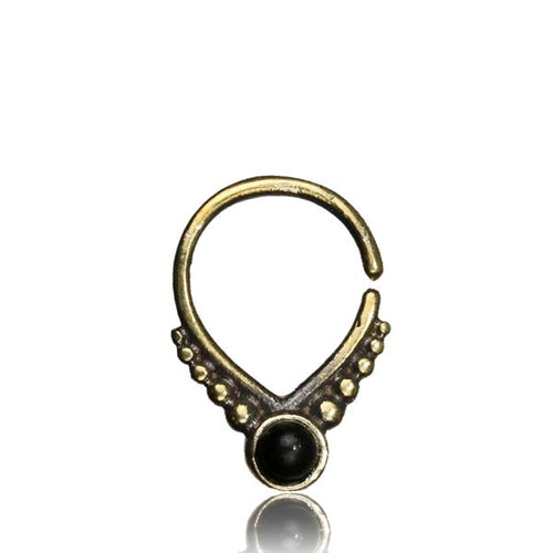 Single Tribal Brass Septum Ring in 16g (1.2mm), Antiqued Tribal Brass Septum with Black Onyx Stone, Brass Septum Ring, Ring Diameter 9mm.