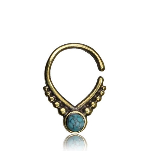 Single Ornate Brass Septum Ring, Antiqued 16g Tribal Septum Ring with Turquoise Stone, Brass Nose Piercing, Tribal Brass Jewelry,Ring Diameter 9mm.