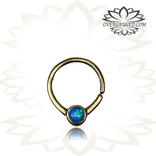 Tribal Brass Septum Ring, Single 16g (1.2mm) Septum Ring, Tribal Brass Septum Ring, Brass Septum Ring, Blue Opal Stone Inlay, Tribal Brass Jewelry, Brass Body Jewelry, Ring Diameter 9mm.