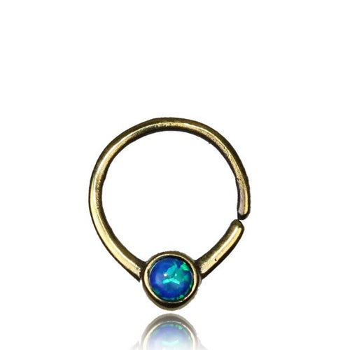 Tribal Brass Septum Ring, Single 16g (1.2mm) Septum Ring, Tribal Brass Septum Ring, Brass Septum Ring, Blue Opal Stone Inlay, Tribal Brass Jewelry, Brass Body Jewelry, Ring Diameter 9mm.